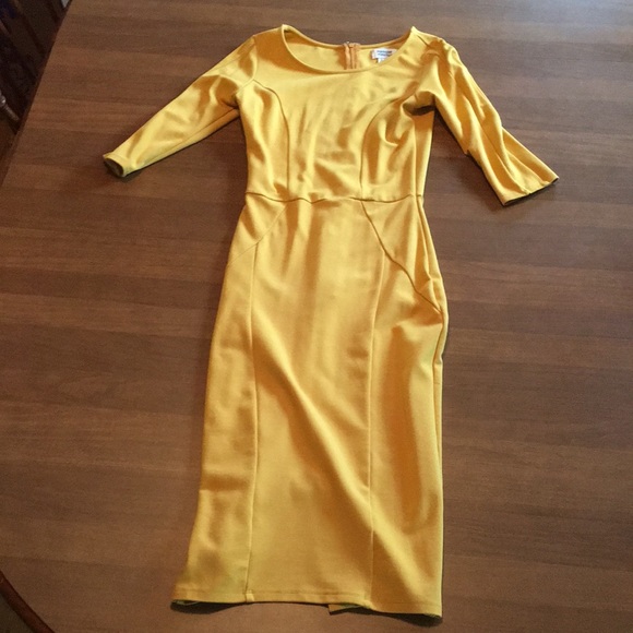 Unique Vintage Mod 60s Wiggle Pencil Dress mustard goldenrod yellow pinup - Picture 3 of 17